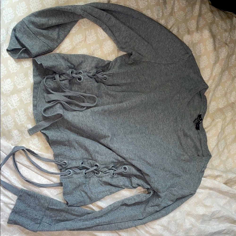 Gray Lace-Up Long Sleeve Top